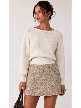 Club Monaco Wool Tweed Mini Skirt A Line Beige White Zipper Quiet Luxury
